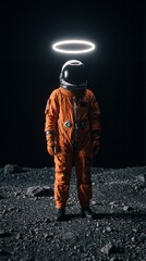 宇宙の暗闇に立つ、天使の輪を持つ宇宙飛行士のシュールなコンセプト