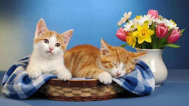 Two relaxed cats lounging in a wicker basket with a blue blanket and a bouquet of flowers on display.