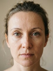Obraz premium A close-up portrait of a woman with green eyes and a neutral expression against a soft background.