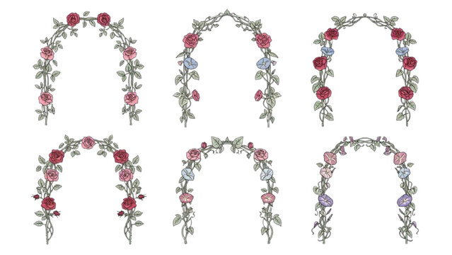 Set of six different rose arches decorated with flowers and leaves