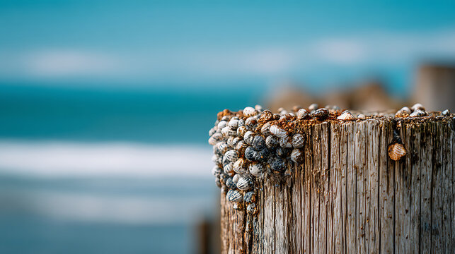 Weathered wooden post adorned with tiny sea shells and barnacles stands against the blurred turquoise horizon of a peaceful coastal beach under soft natural light.