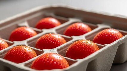 Nine ripe, red strawberries covered in tiny water droplets sit in a textured, recycled cardboard egg carton.