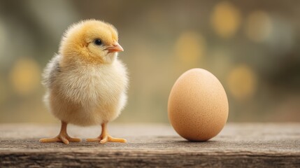 Small yellow chick stands beside Easter egg on a wooden surface in spring setting with natural light
