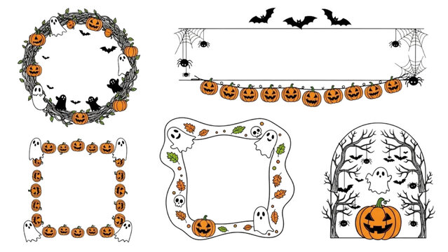 Halloween wreath and frame border designs with pumpkin and ghost