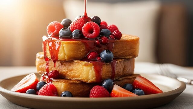 Stack of golden french toast generously topped with fresh berries and drizzled with vibrant red syrup on a plate