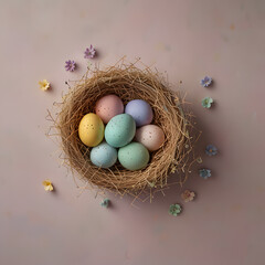 Fototapeta premium Colorful pastel speckled Easter eggs in a hay nest on pink background with small flowers. Spring holiday celebration and craft concept