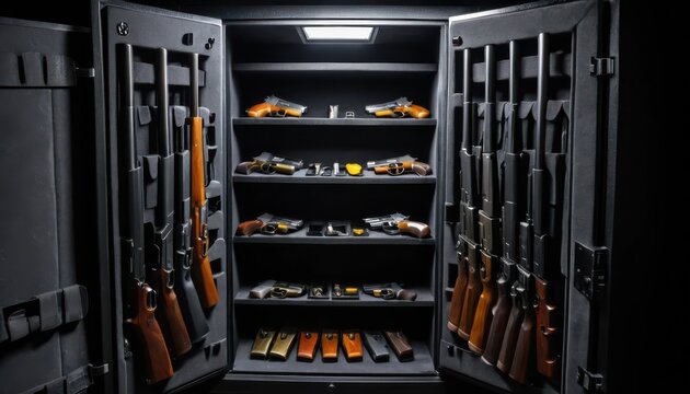 Open gun safe showcasing long rifles, handguns, ammunition security, protection, collection, weaponry, defense, gun ownership, firearms, safe, steel