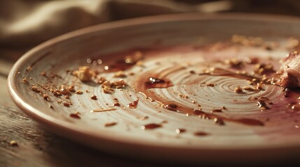 Delicious meal aftermath with sauce stains and crumbs on ceramic plate