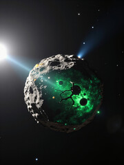 Deep space astrophotography: Rocky asteroid nucleus venting cyanogen gas.