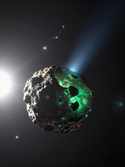 Scientific visualization of interstellar comet 3I/ATLAS passing Earth with emerald green coma.