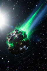 Close-up of active interstellar object venting gas and ice against star field.