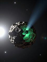 Deep space astrophotography: Rocky asteroid nucleus venting cyanogen gas.