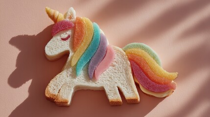Creative lunch idea featuring a unicorn shaped sandwich made with bread, cheese, and colorful vegetables on a pastel background for kids