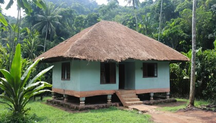 Traditional African hut in jungle, rustic, natural light, rural life, simple dwelling, local village, environmental portrait, poverty, poverty