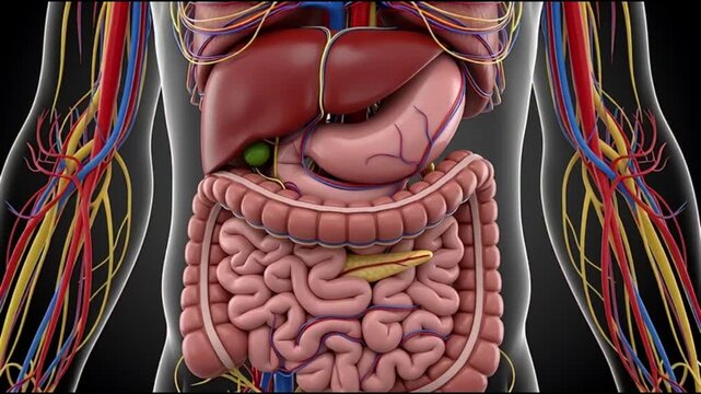 Detailed illustration of human digestive system anatomy with visible organs and vascular structures against a dark background