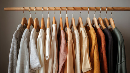 A stylish arrangement of hanging clothes on a wooden rack showcasing various colors and textures.