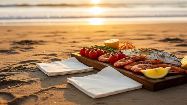 Delicious seafood platter with whole fish and shrimp served on a wooden board on a sandy beach during sunset.
