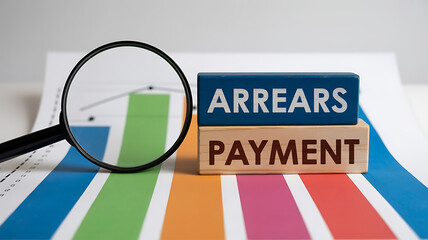 Closeup of arrears payment blocks with magnifying glass on reports