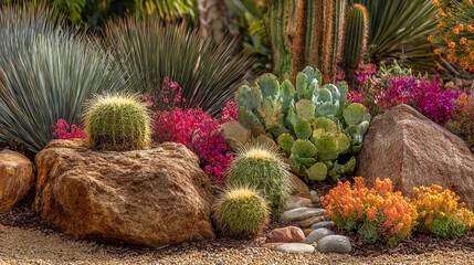 A vibrant desert garden featuring colorful cacti, rocks, and blooming flowers in a stunning landscape.