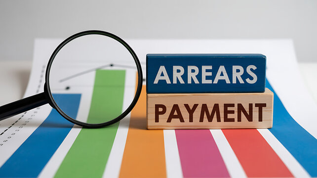 Closeup of arrears payment blocks with magnifying glass on reports