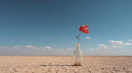 A vibrant flower stands resilient in a barren landscape, symbolizing hope amidst desolation under a clear blue sky.