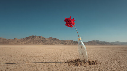 A vibrant red flower emerging from a bottle in a barren landscape, symbolizing resilience and beauty in hardship.