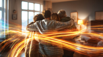 A warm family embrace surrounded by a glow of energy, symbolizing love, connection, and togetherness in a cozy setting.