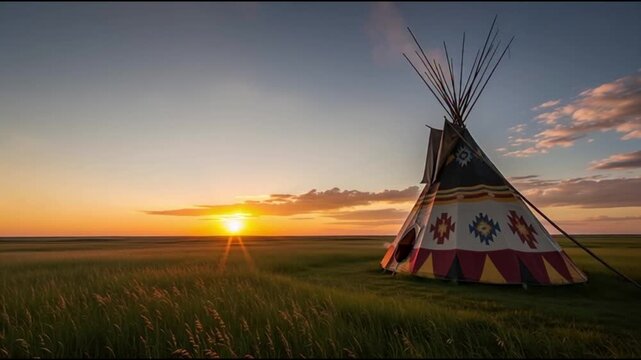 Traditional Native American Teepee Standing Alone in a Serene Grassland at Sunset
