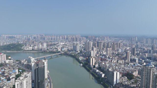 Neijiang City Aerial View with Tuojiang River Bridge, Sichuan