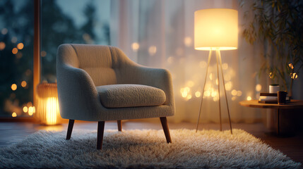 Cozy chair in a warm, inviting living room with soft lighting and a stylish decor.