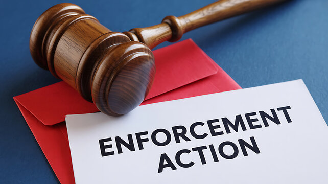Gavel on enforcement action notice in red envelope