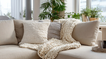 Cozy living room setup featuring soft pillows, a knitted blanket, and indoor plants for a warm atmosphere.