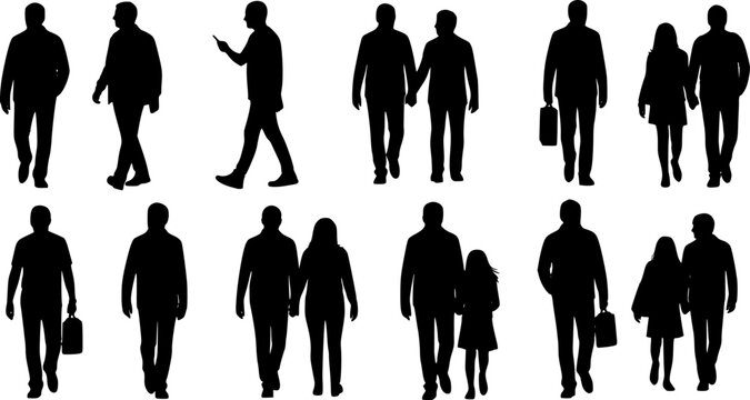 People silhouettes walking illustration, men and women couples and individuals, lifestyle movement poses, black shadow figures, isolated background, cad drawing flat vector