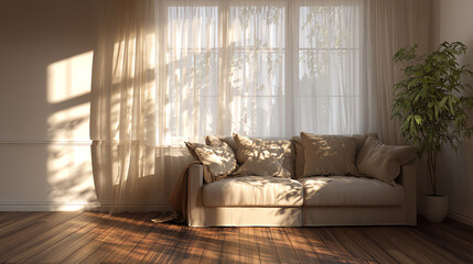 Cozy living room with soft sofa, sunlight streaming through sheer curtains, and a touch of greenery for tranquility.