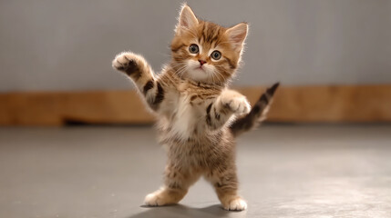 Playful kitten standing on two legs, capturing an adorable moment of curiosity and energy.