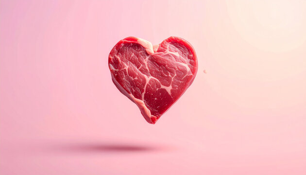 Heart shaped raw meat floating on pink background for creative food concept