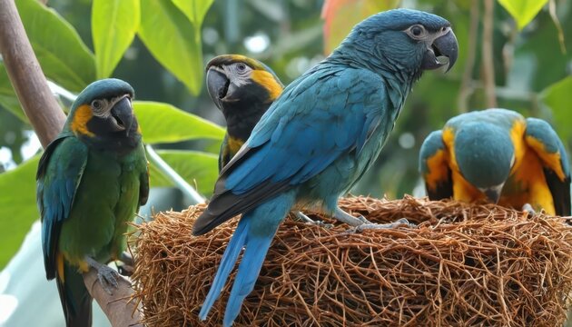Blue, yellow, green parrots in nest, tropical birds, vibrant colors, family, looking, avian, nesting, branch, colorful, aviary, bright, wild
