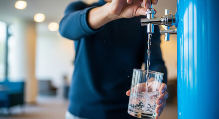 Man filling glass from office water dispenser for workplace hydration © Tomo