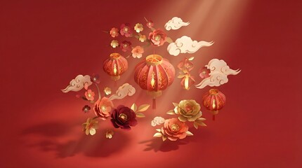 Festive Lanterns and Blooms: Exquisite lanterns and floral arrangements in a captivating display of artistry, illuminated by a celestial light, celebrating the spirit of the season.