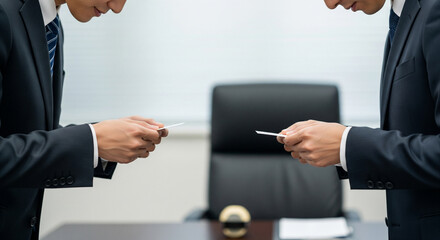 Close up of formal business card exchange in executive office for partnership