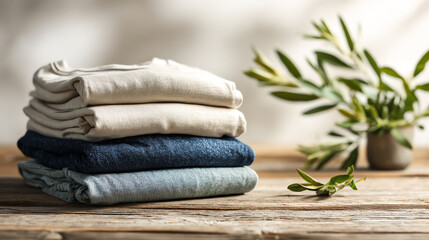 Stylish folded clothes arranged neatly on a wooden surface with a touch of greenery in the background.