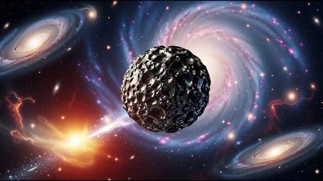 A textured asteroid floats through space surrounded by swirling galaxies and stars in a vibrant cosmic scene viewed from a distant perspective