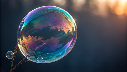 Fototapeta premium Iridescent Soap Bubble Resting on Delicate Branch with Dreamy Sunset Reflection