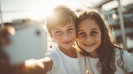 Two joyful children take a selfie, capturing their friendship and carefree moments in the sunlight.