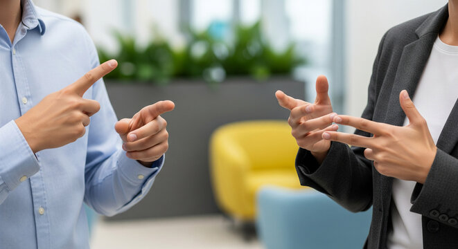 Two business people communicating in an office using sign language for workplace accessibility
