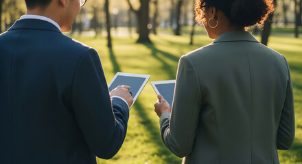 Two business people using digital tablets in sunny park for remote work collaboration