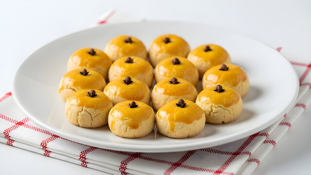 Nastar cookies filled with pineapple jam with cloves in the center for aroma and decoration. Served on a white plate.