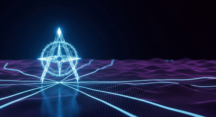 Glowing digital compass icon on network grid representing AI navigation and strategy