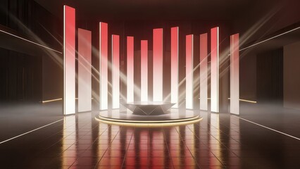 A futuristic stage with glowing red and white vertical light bars and a central illuminated platform.