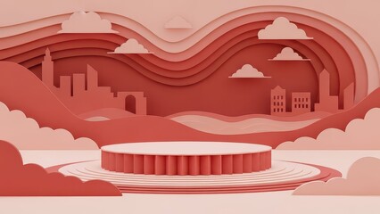 Pink paper cut style 3D render with a central podium, layered hills, clouds, and city silhouettes, creating a whimsical and artistic backdrop.